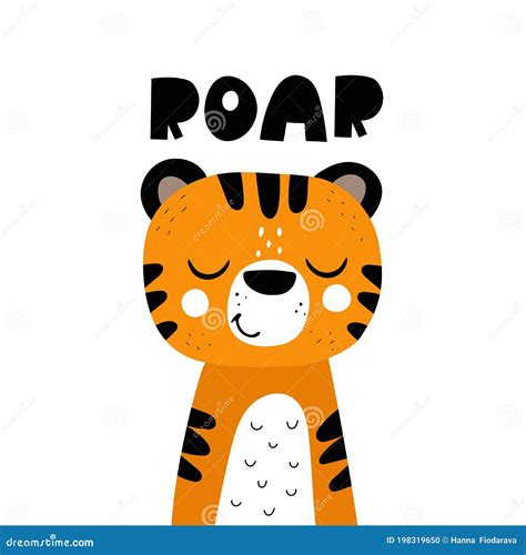 Roar. Cartoon Tiger, Hand Drawing Lettering. Flat Style, Colorful Vector for Kids Stock Vector ...