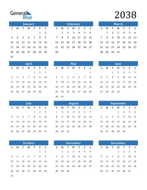 2038 Calendar (PDF, Word, Excel)