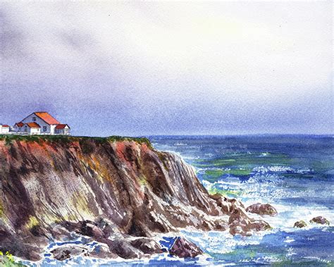 Keepers House On Rocky Cliff At The Ocean Shore Watercolor Painting by Irina Sztukowski - Fine ...