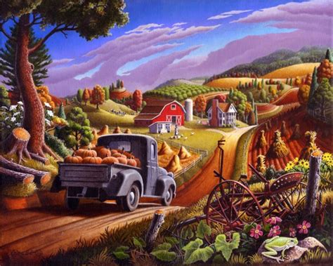 Pumpkins Farm Folk art fall Landscape Americana by Walt Curlee ...