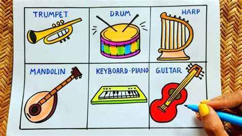 Musical Instruments Drawing | Easy drawing ideas for Drum, Guitar | World Music Day drawing easy ...