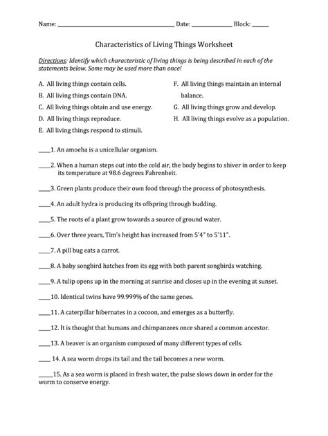 Characteristics Of Living Organisms Worksheet