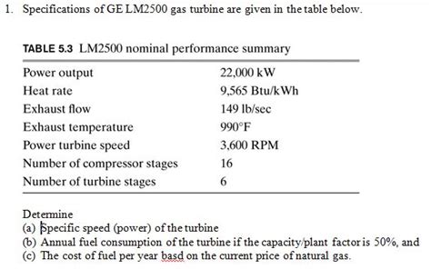 Solved Specifications of GE LM2500 gas turbine are given in | Chegg.com