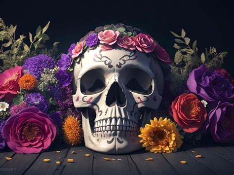 Premium AI Image | Day Of The Dead Skull With Flowers Generative Ai