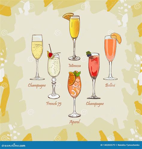 Champagne, Bellini, Mimosa, Kir Royale, French 75, Aperol Spritz Cocktail Illustration ...