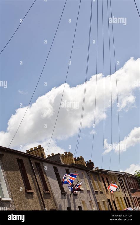 Unionist flags fly from windows of terraced houses in the Waterside district of Londonderry ...