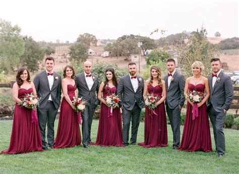 Burgundy bridesmaid dresses + burgundy wedding bouquet + burgundy bow ties | fabmood.com # ...