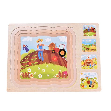 3 layers classic early education toys wooden puzzles multilayer three dimensional puzzle farm ...