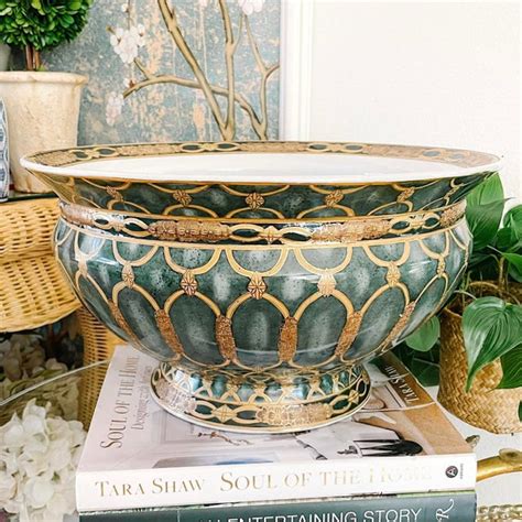 Neoclassical Green & Gold Centerpiece Decorative Bowl | Chairish