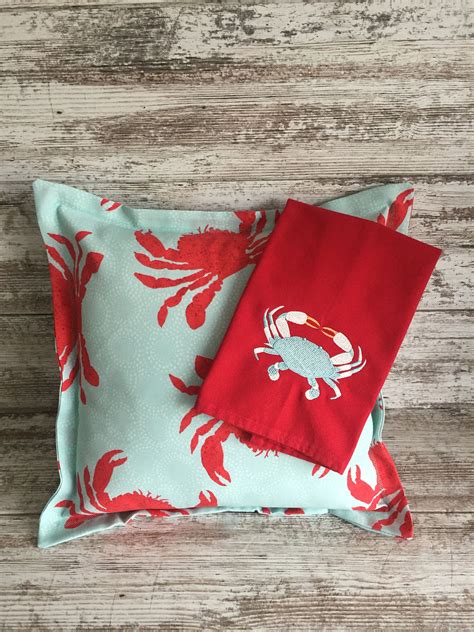 Nautical Crab Pillow Cover Turquoise and Red Embroidered | Etsy | Nautical outdoor pillows, Crab ...
