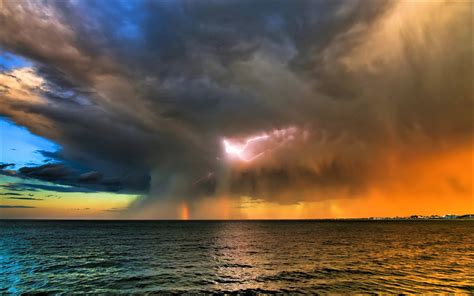 Download Horizon Sea Ocean Lightning Sunset Cloud Nature Storm HD Wallpaper