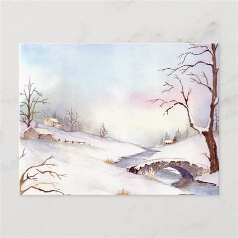 Snowy Bridge Watercolor Landscape Painting Postcard | Zazzle ...