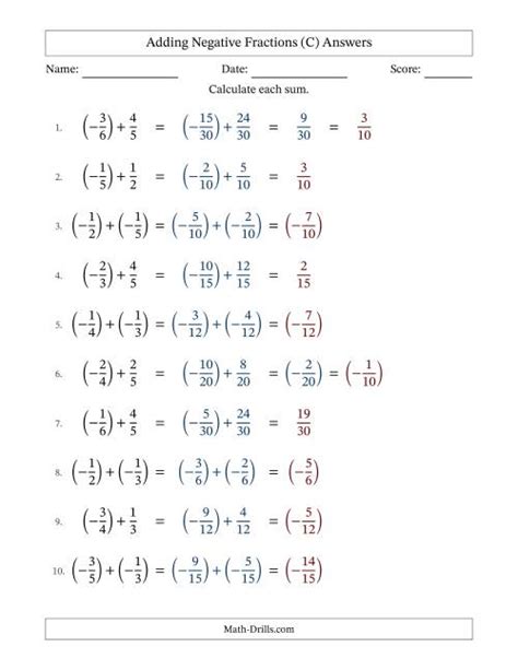 Adding Negative Fractions with Denominators to Sixths (C)