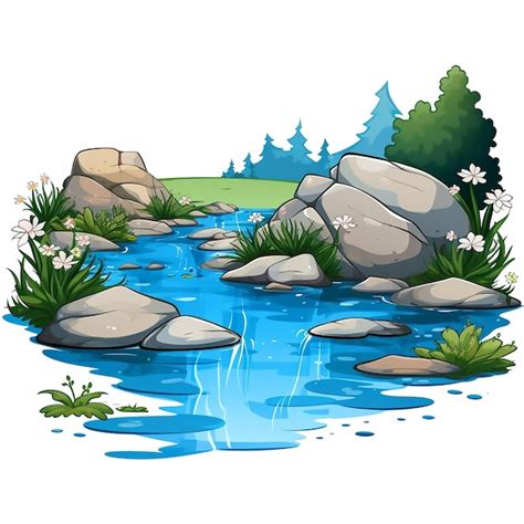 Premium Vector | Jungle paradise stream flowing calm scenery waterfall scene hills ecology trees ...