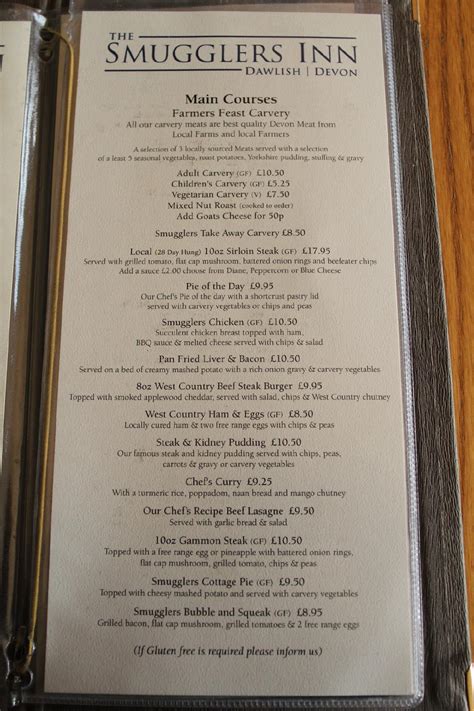 Menu at The Smugglers Inn pub & bar, Dawlish