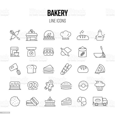 Bakery Line Icon Set Bread Pretzel Croissant Baked Cake Stock ...