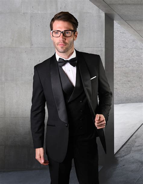 Mens Wool One Button Wide Shawl Lapel Tuxedo with Double Breasted Vest