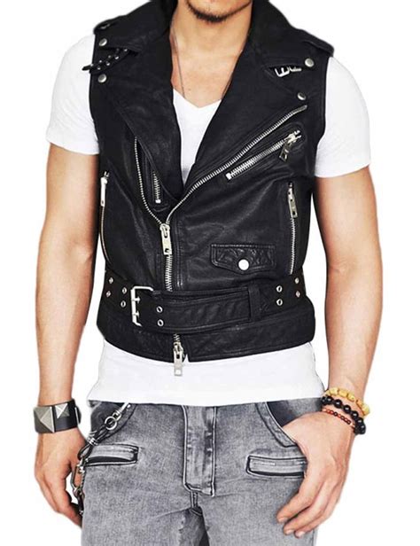 Men's Black Leather Vest | Asymmetrical Belted Outfit