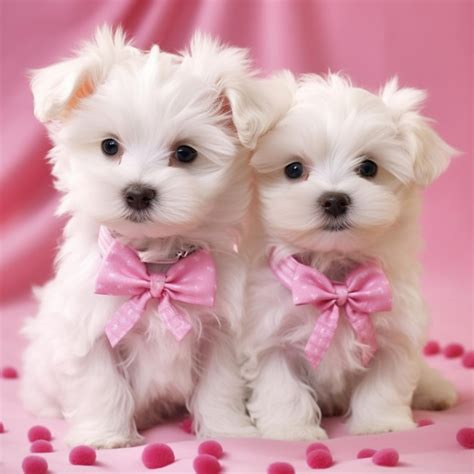 Two white dogs with pink bows sitting on a pink surface generative ai | Premium AI-generated image