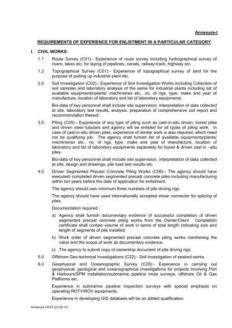 requirements of experience for enlistment in a particular category