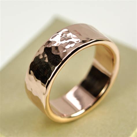 14K Rose Gold Mens Wedding Band Hammered Gold Ring 8mm Wide