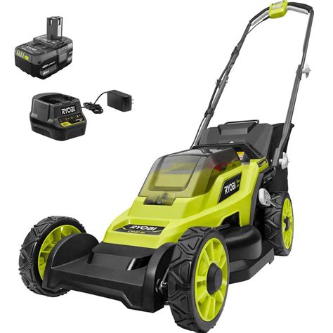 RYOBI ONE+ 18V 13 in. Cordless Battery Walk Behind Push Lawn Mower with 4.0 Ah Battery and ...