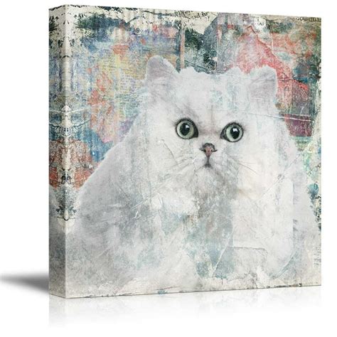 wall26 Square Cat Series Canvas Wall Art - A White Cat on Grunge Colorful Background - Giclee ...