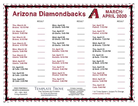 Printable 2020 Arizona Diamondbacks Schedule