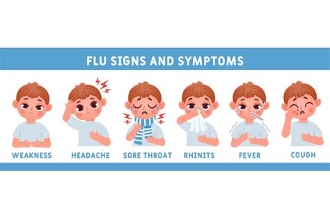 Flu disease symptoms with ill kid boy character. Cartoon child with fe ...