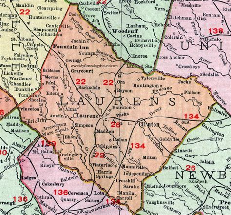 Laurens County, South Carolina, 1911, Map, Rand McNally, Laurens City ...