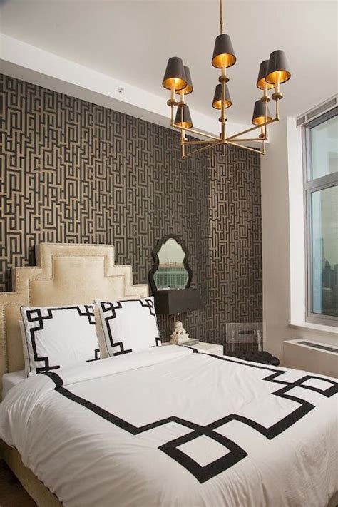 Amazing bedroom features black and gold wallpaper, Graham & Brown Illusion Wallpaper, accent ...