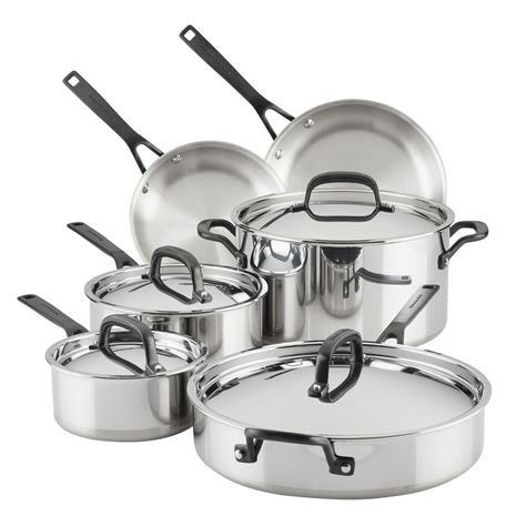 KitchenAid 10-Piece 5-Ply Clad Stainless Steel Cookware Set, Polished Stainless Steel - Walmart ...