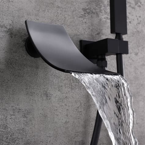 Modern Waterfall Wall-Mount Tub Filler Faucet Single Handle & Handshower in Matte Black