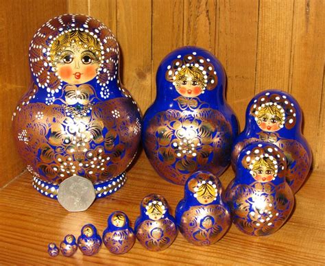 Russian Matryoshka nesting dolls 10 BLUE GOLD Babushka Unique signed Aymasova | eBay