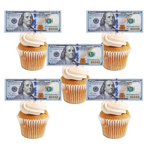 50Pcs Edible New 100 Dollar Bill Image Cupcake Toppers for Cupcake Decorations, Precut Fake ...