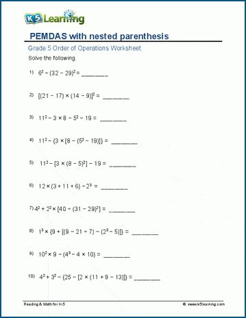 Grade 5 PEMDAS Worksheets | K5 Learning | K5 Learning