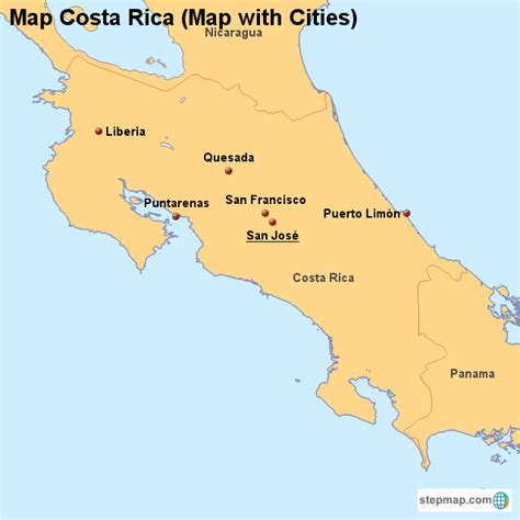 StepMap - Map Costa Rica (Map with Cities) - Landkarte für Costa Rica