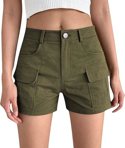 Womens Casual Cargo Shorts, Solid Color High Waist Straight-Leg Summer Denim Shorts with Pockets ...