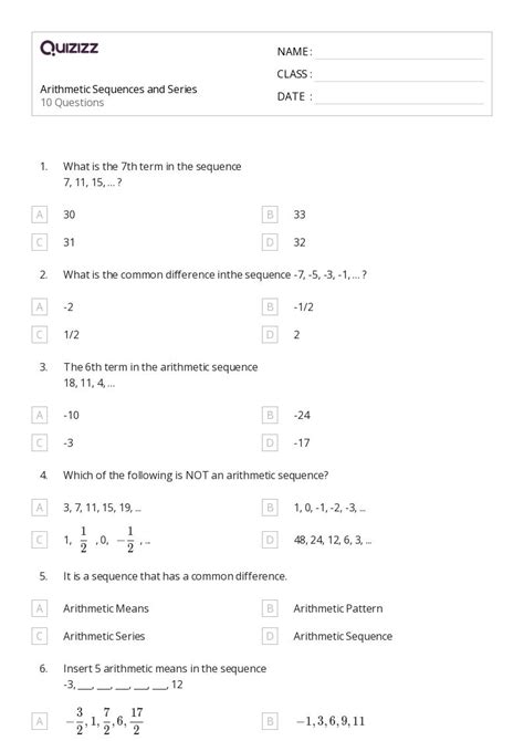 50+ Sequences and Series worksheets for 10th Grade on Quizizz | Free & Printable