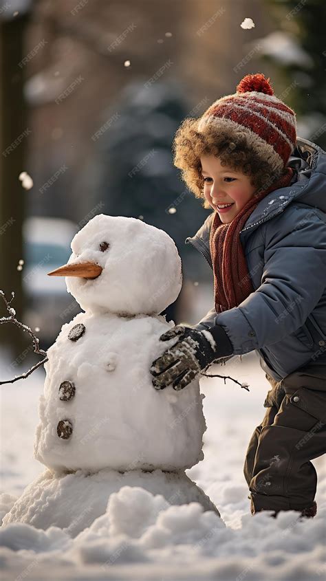 Premium AI Image | Cute boy building a snowman AI Generated