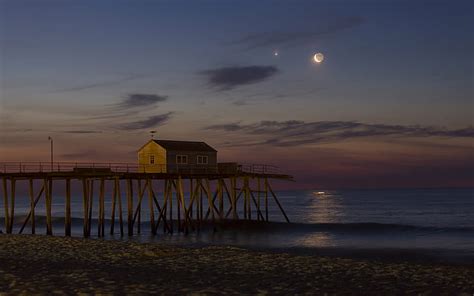 HD wallpaper: Pier Beach Ocean Moon HD, brown wooden bridge and sea ...