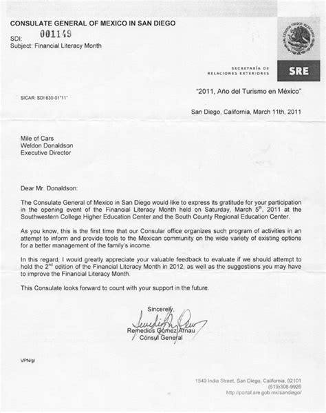 Letter from the Mexican Consulate – National City Mile of Cars