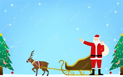 Premium Vector | Santa claus and his reindeer waving in the background of a snowy sky