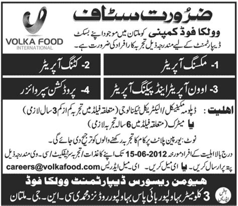 Volka food Jobs In Lahore Pakistan