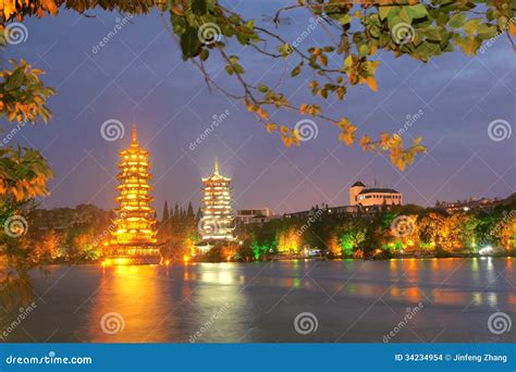 Guilin night scene stock photo. Image of lake, tower - 34234954