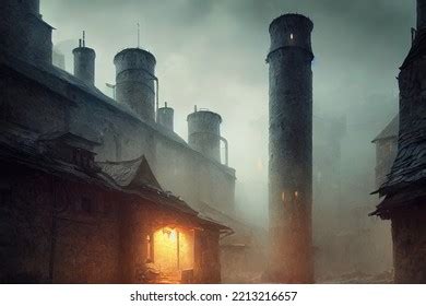 Medieval Town Architecture Night Digital Art Stock Illustration ...