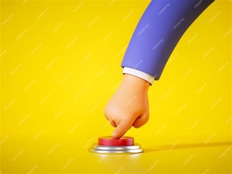 Premium Photo | 3d render cartoon hand in blue sleeve pushes the red alert button isolated on ...