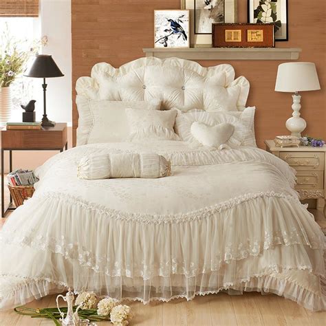 luxury Lace edge Princess cream colored wedding bedding set satin ...