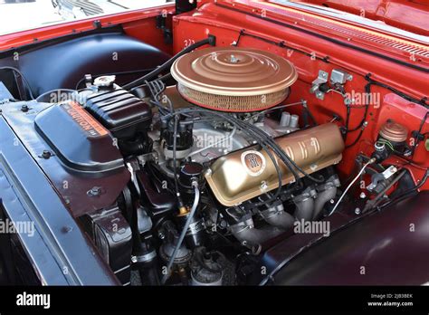 A 352 Ford Engine in a 1960 Ford car on display at a car show Stock ...