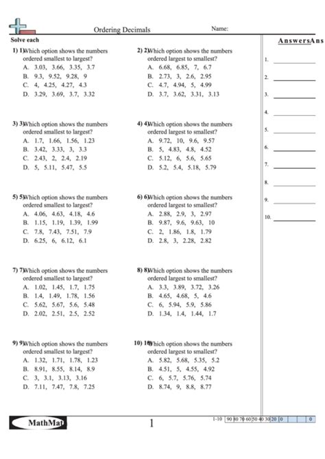 Ordering Decimals Worksheet printable pdf download